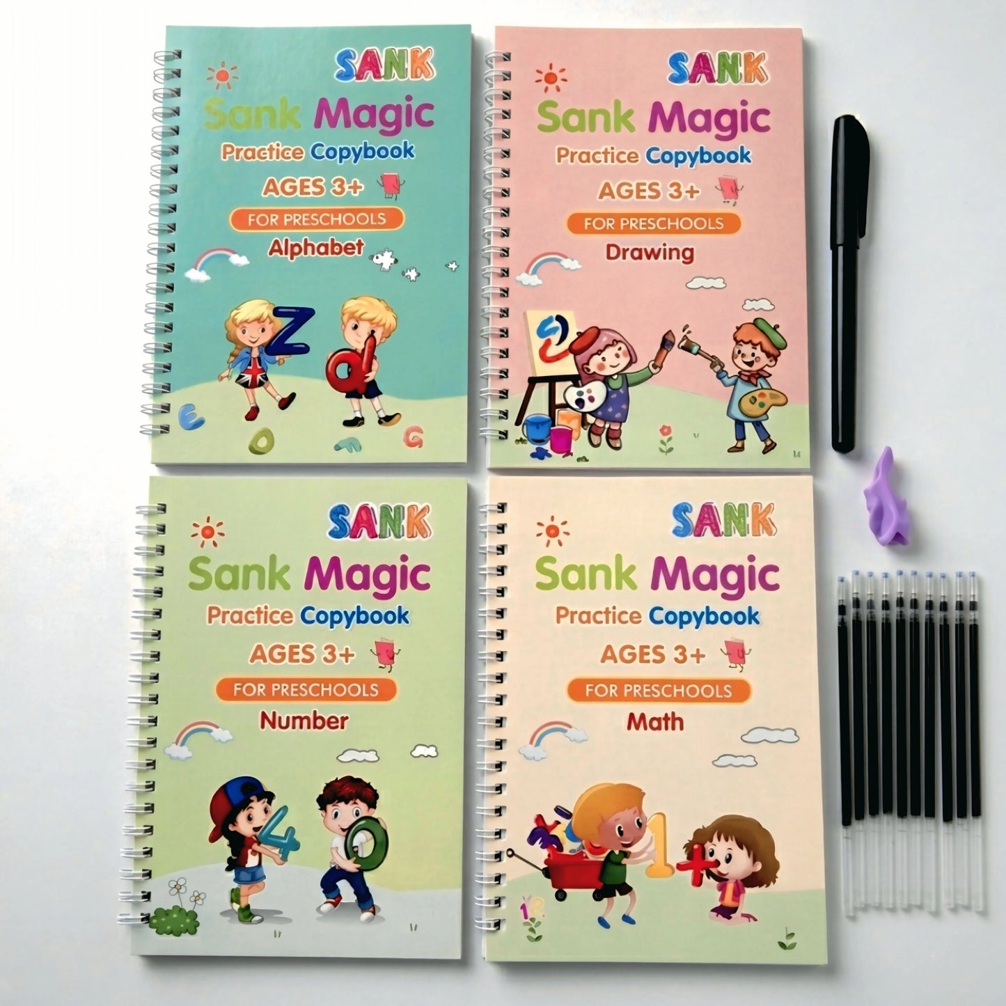 Kids Magic Practice Copybook ( 4 Books + 1 Pen + 10 Refills + Grip ) + Surprise Gift 🎁