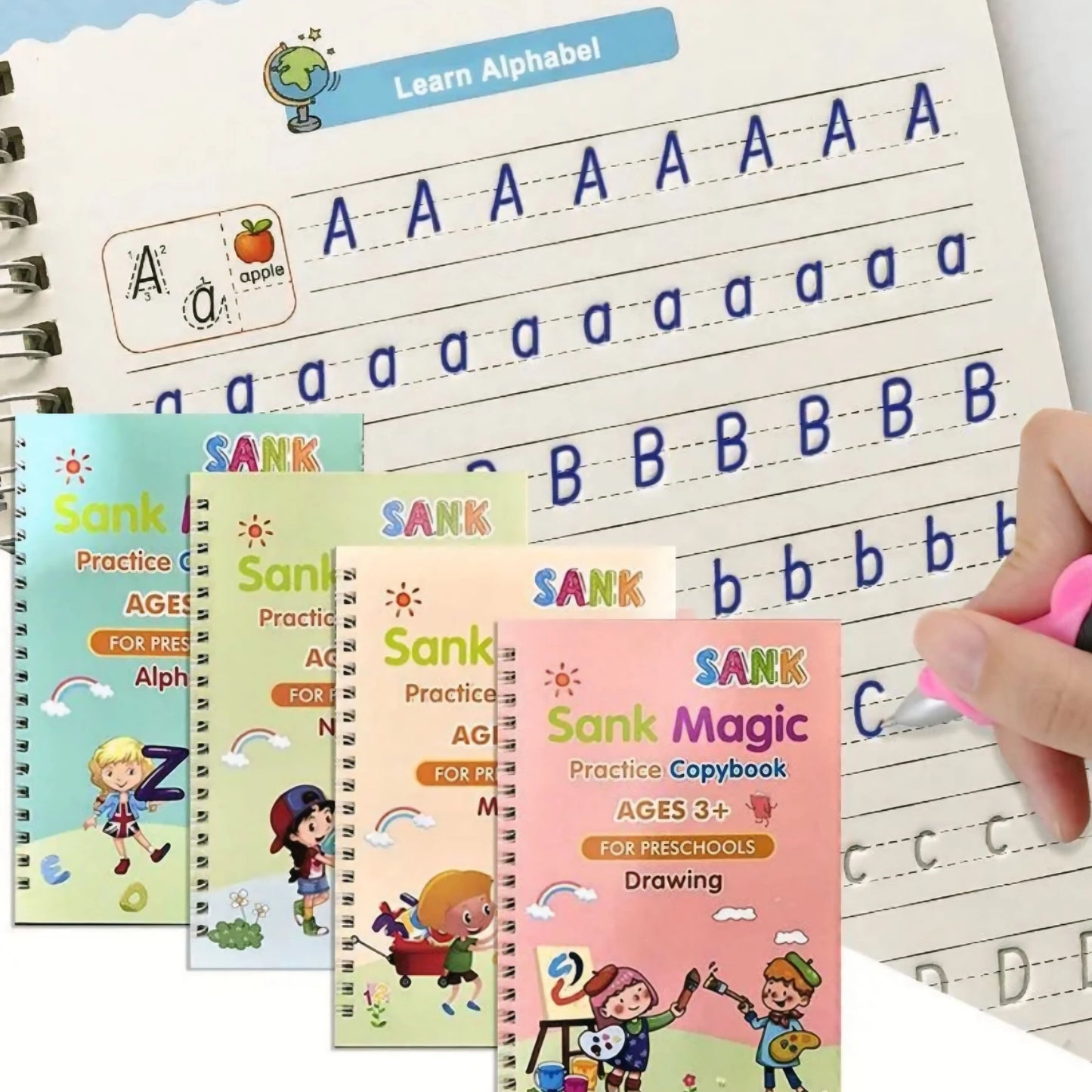 Kids Magic Practice Copybook ( 4 Books + 1 Pen + 10 Refills + Grip ) + Surprise Gift 🎁